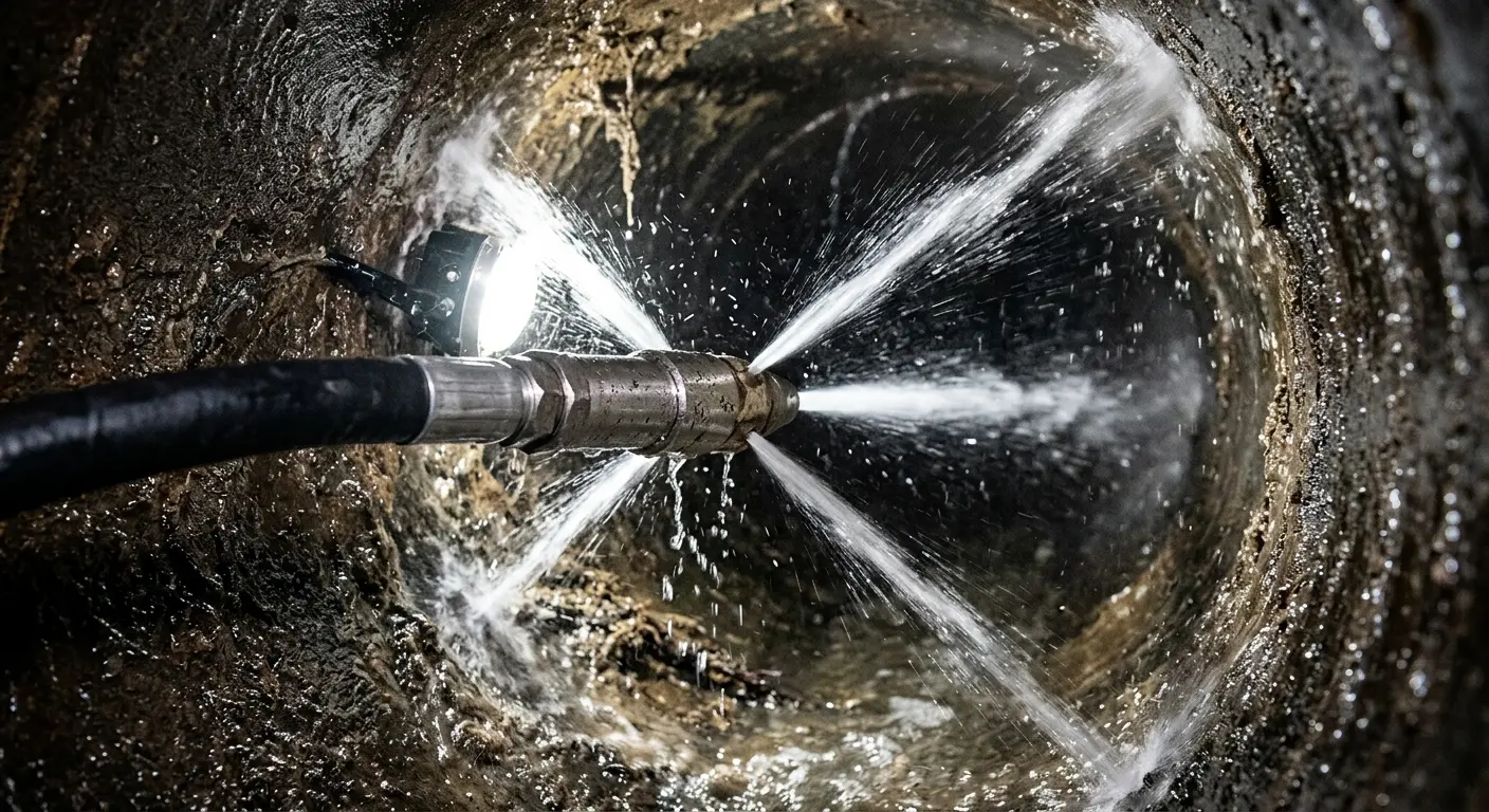 High-pressure hydro jetting nozzle cleaning sewer pipe for Sewer Cleanout in Kentfield