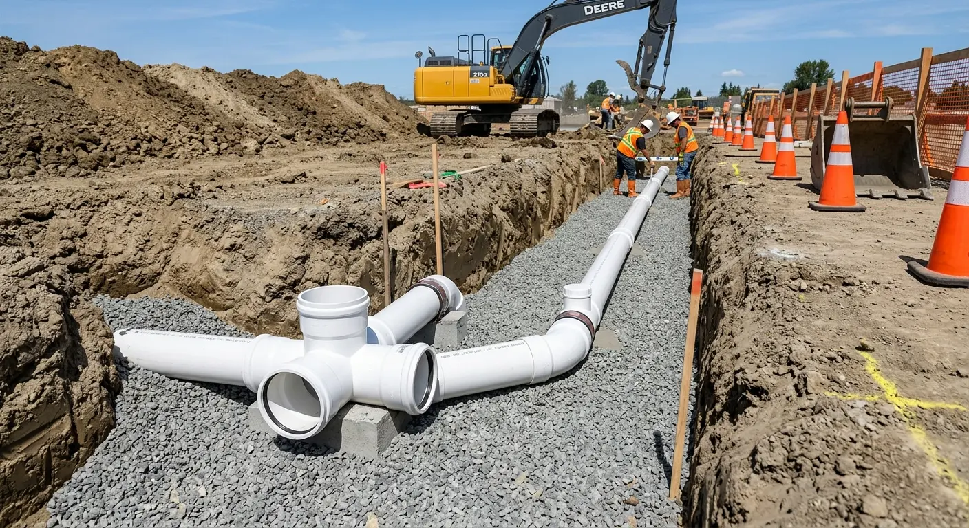 New PVC sewer pipe installation in open trench for Sewer Backup in Kentfield