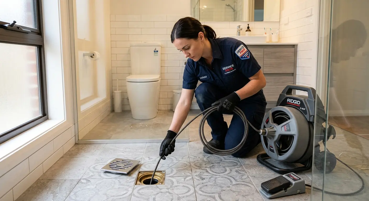 Technician clearing a bathroom floor drain for Hydro Jetting in Kentfield